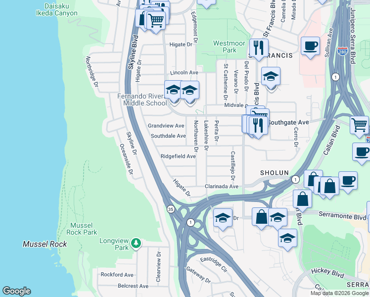 map of restaurants, bars, coffee shops, grocery stores, and more near 223 Belhaven Avenue in Daly City