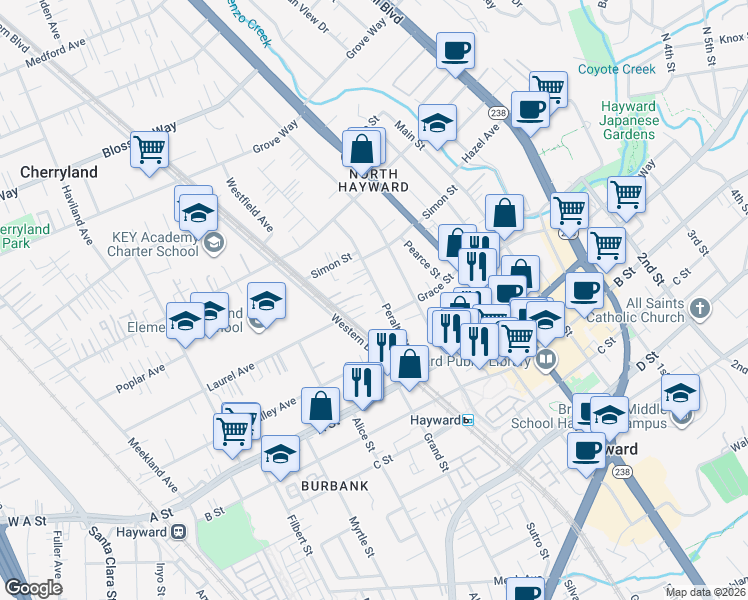 map of restaurants, bars, coffee shops, grocery stores, and more near 22263 Peralta Street in Hayward