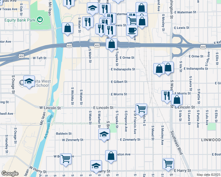 map of restaurants, bars, coffee shops, grocery stores, and more near 1030 South Broadway Street in Wichita