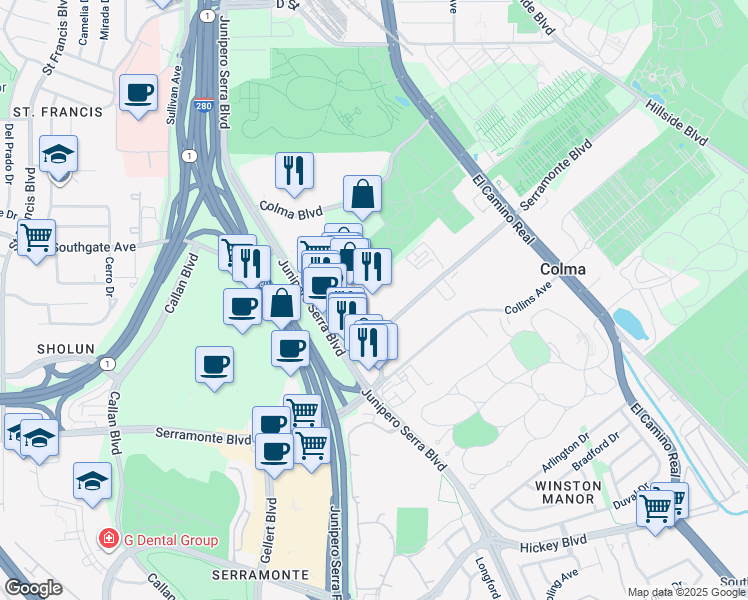map of restaurants, bars, coffee shops, grocery stores, and more near 5001 Junipero Serra Boulevard in Colma