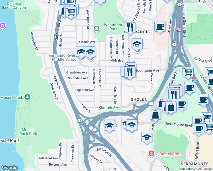 map of restaurants, bars, coffee shops, grocery stores, and more near 81 Belhaven Avenue in Daly City