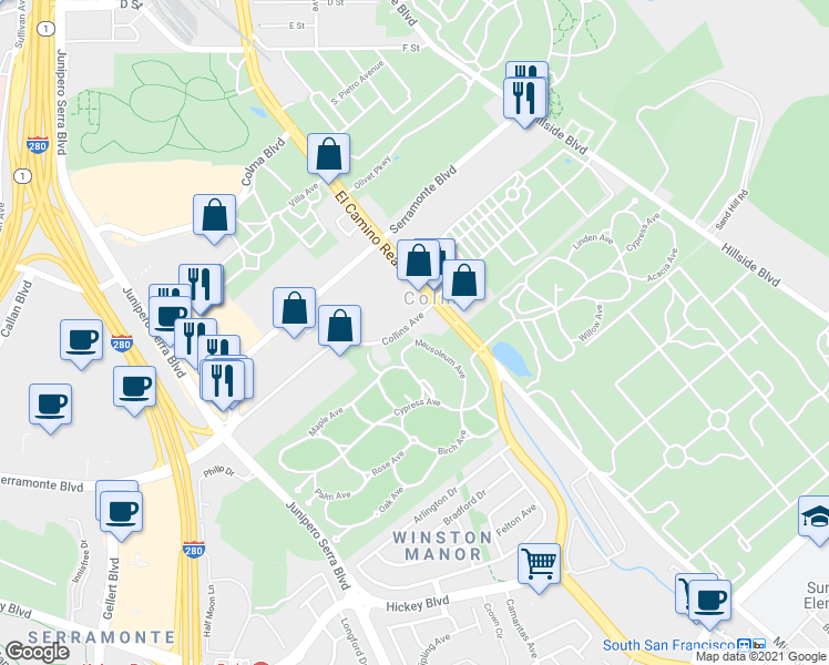 map of restaurants, bars, coffee shops, grocery stores, and more near 240 Collins Avenue in Colma