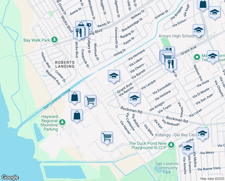 map of restaurants, bars, coffee shops, grocery stores, and more near 2071 Via Barrett in San Lorenzo