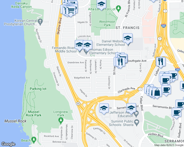 map of restaurants, bars, coffee shops, grocery stores, and more near 175 Belhaven Avenue in Daly City