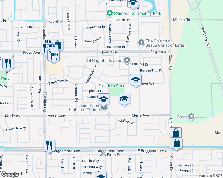map of restaurants, bars, coffee shops, grocery stores, and more near 3500 Sharon Avenue in Modesto