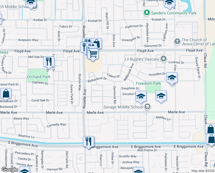 map of restaurants, bars, coffee shops, grocery stores, and more near 3146 Center Court Drive in Modesto