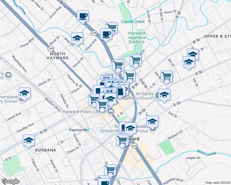 map of restaurants, bars, coffee shops, grocery stores, and more near 1015 A Street in Hayward