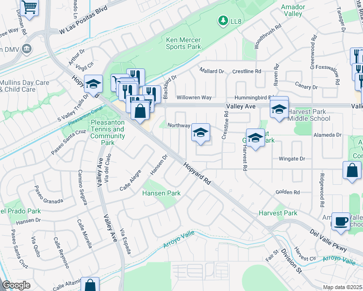 map of restaurants, bars, coffee shops, grocery stores, and more near 2356 Goldcrest Circle in Pleasanton