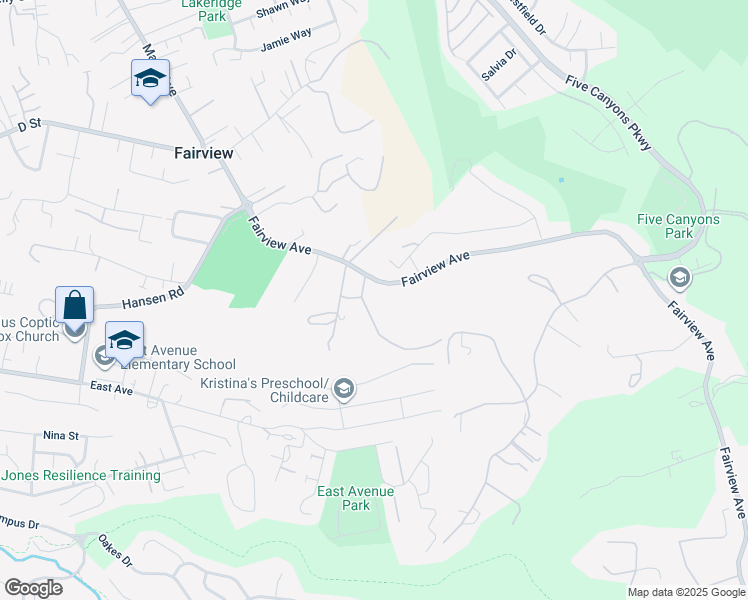 map of restaurants, bars, coffee shops, grocery stores, and more near 25005 Fairview Avenue in Hayward