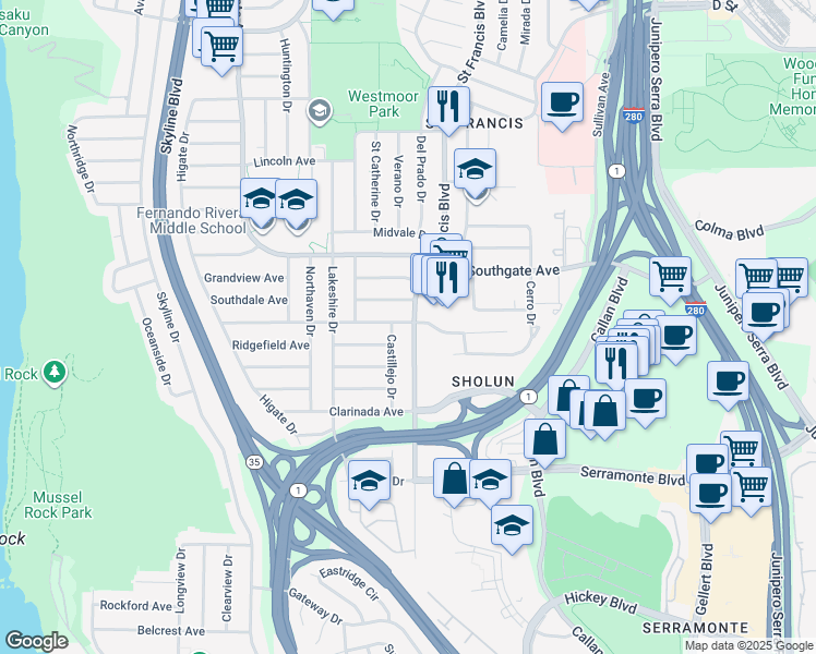 map of restaurants, bars, coffee shops, grocery stores, and more near 600 Saint Francis Boulevard in Daly City