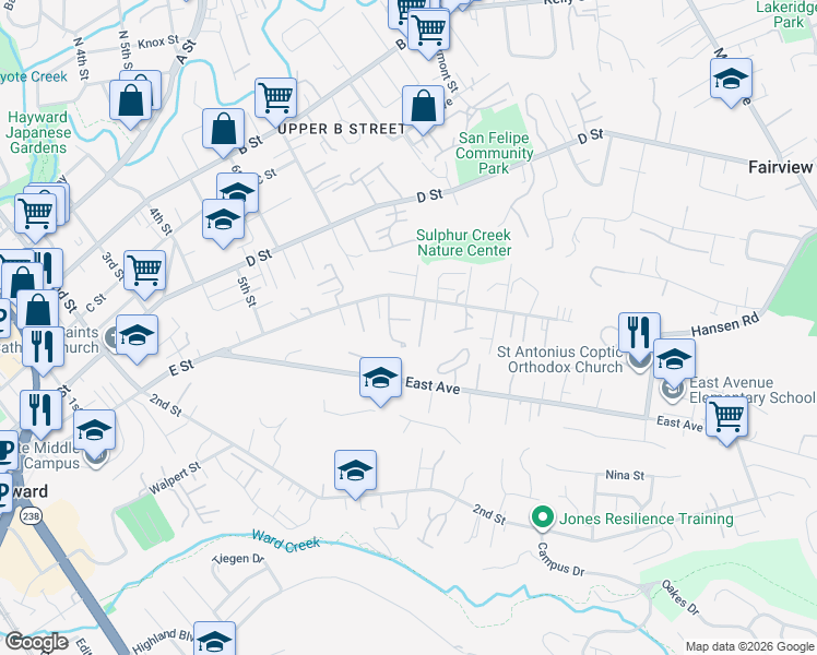 map of restaurants, bars, coffee shops, grocery stores, and more near 1769 Dover Place in Hayward