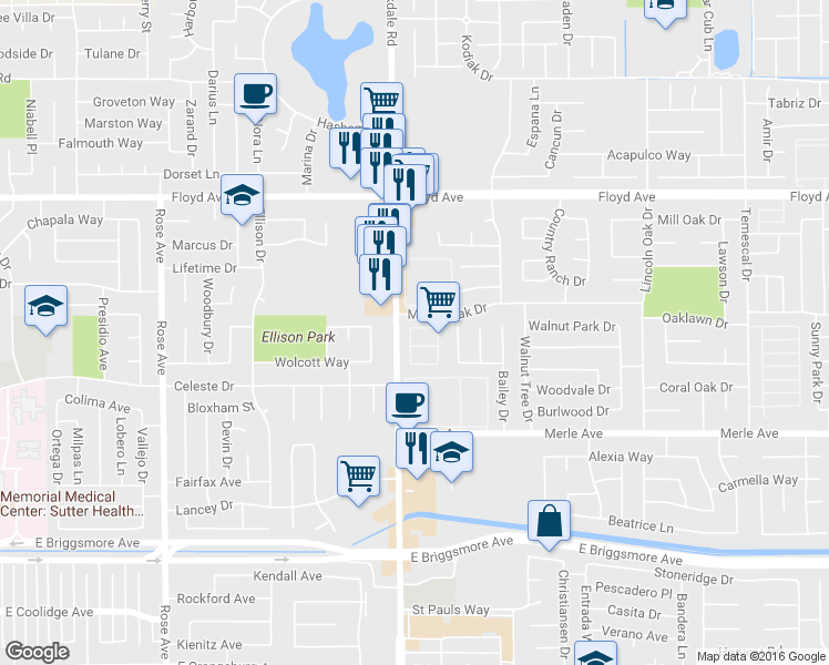 map of restaurants, bars, coffee shops, grocery stores, and more near 2200 Lantern Drive in Modesto