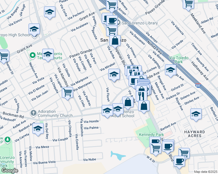 map of restaurants, bars, coffee shops, grocery stores, and more near 17212 Via Flores in San Lorenzo