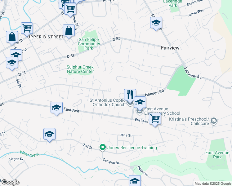 map of restaurants, bars, coffee shops, grocery stores, and more near Hidden Oaks Drive in Hayward