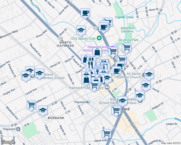 map of restaurants, bars, coffee shops, grocery stores, and more near 22357 Mission Boulevard in Hayward