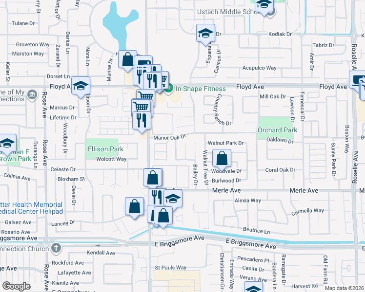 map of restaurants, bars, coffee shops, grocery stores, and more near 2129 Bailey Court in Modesto