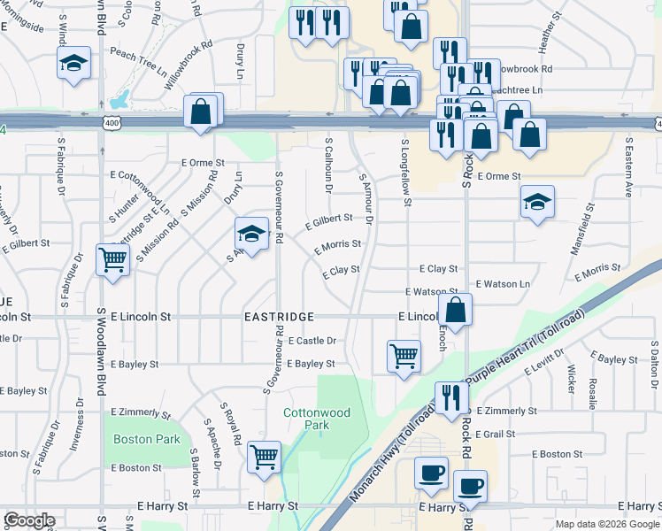 map of restaurants, bars, coffee shops, grocery stores, and more near 7310 East Clay Street in Wichita