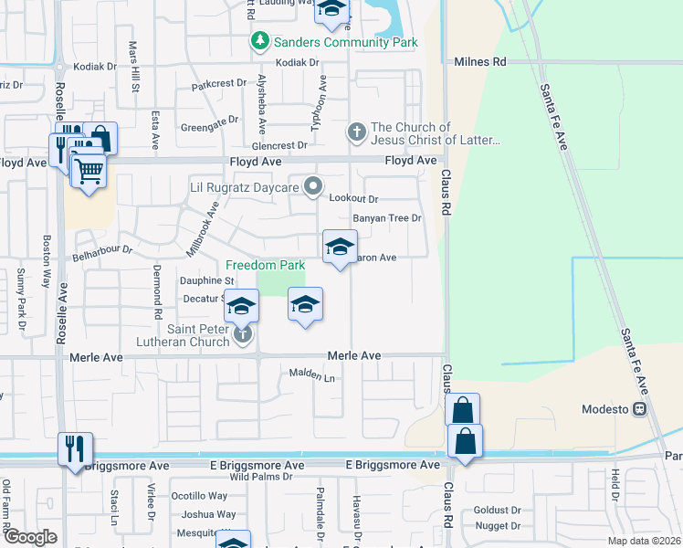 map of restaurants, bars, coffee shops, grocery stores, and more near 2101 Fine Avenue in Modesto