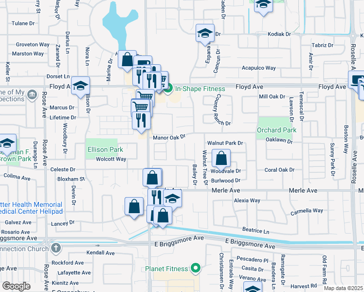 map of restaurants, bars, coffee shops, grocery stores, and more near 2129 Bailey Court in Modesto