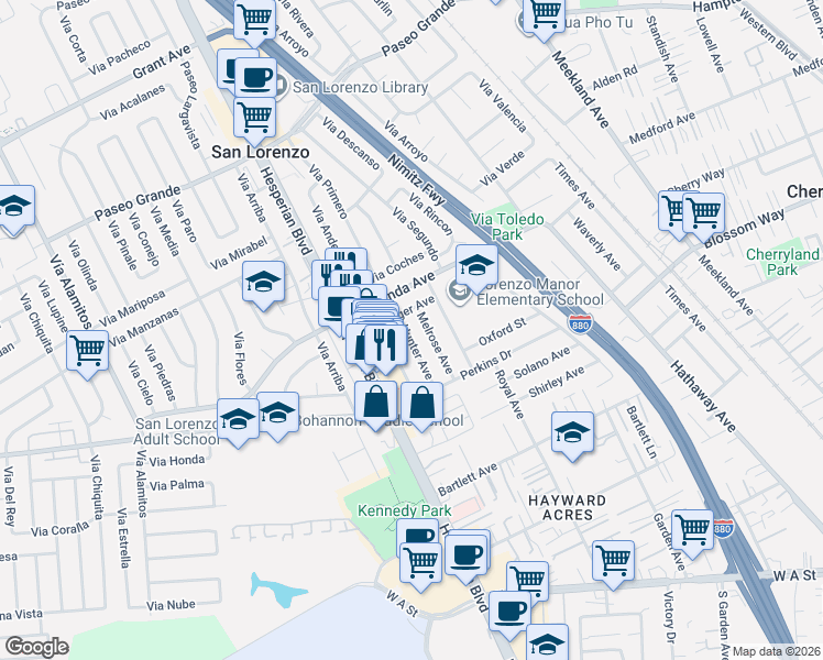 map of restaurants, bars, coffee shops, grocery stores, and more near 18128 Hunter Avenue in Hayward