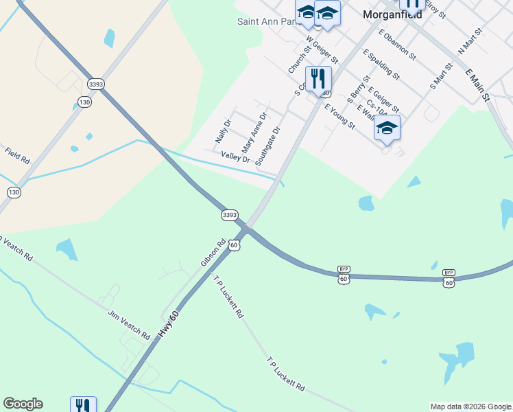map of restaurants, bars, coffee shops, grocery stores, and more near 857 U.S. 60 in Morganfield