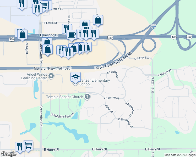 map of restaurants, bars, coffee shops, grocery stores, and more near 725 South Zelta Street in Wichita