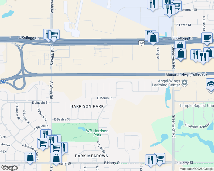 map of restaurants, bars, coffee shops, grocery stores, and more near 718 South Lindberg Circle in Wichita
