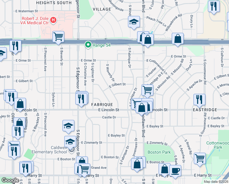 map of restaurants, bars, coffee shops, grocery stores, and more near 6004 East Morris Street in Wichita