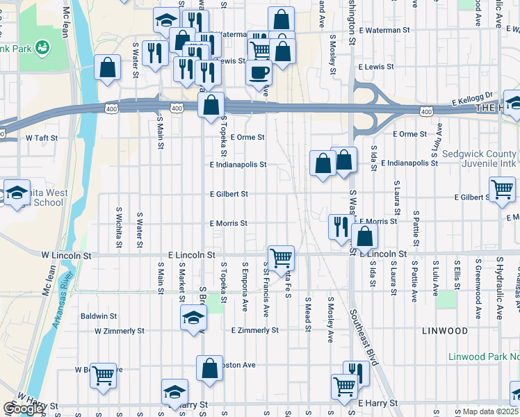 map of restaurants, bars, coffee shops, grocery stores, and more near 1013 Saint Francis in Wichita