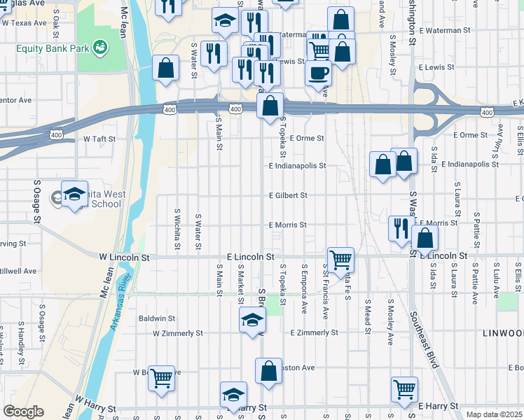 map of restaurants, bars, coffee shops, grocery stores, and more near 1030 S Broadway St in Wichita