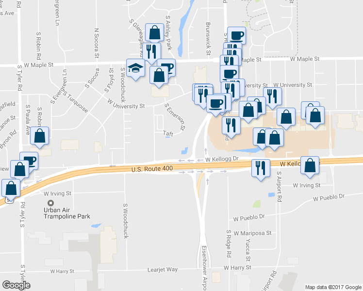 map of restaurants, bars, coffee shops, grocery stores, and more near Eisenhower Airport Parkway in Wichita