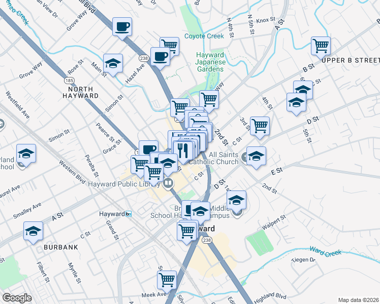 map of restaurants, bars, coffee shops, grocery stores, and more near 1072 B Street in Hayward