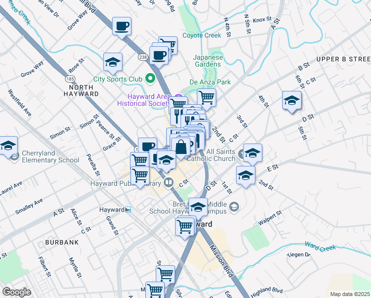 map of restaurants, bars, coffee shops, grocery stores, and more near 1068 B Street in Hayward