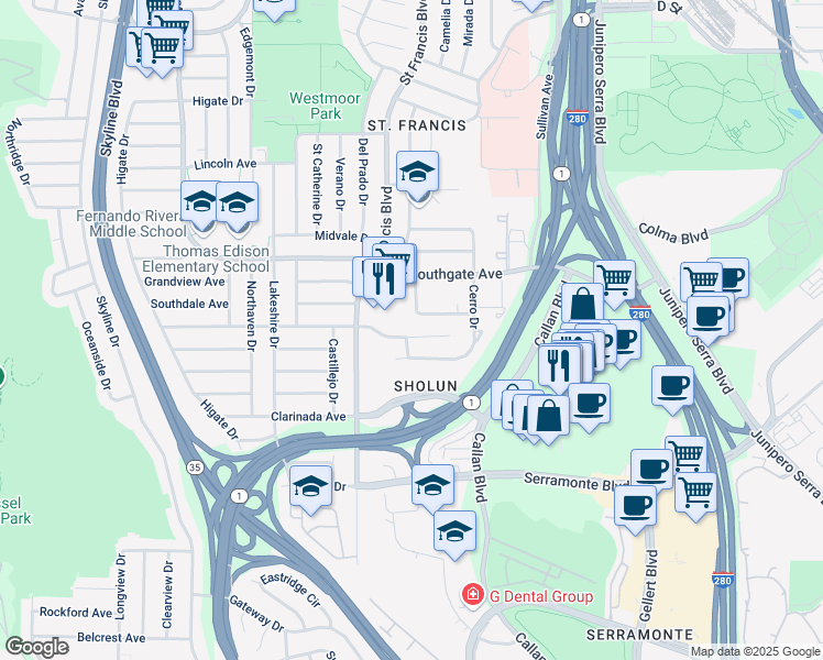 map of restaurants, bars, coffee shops, grocery stores, and more near 32 Belhaven Court in Daly City