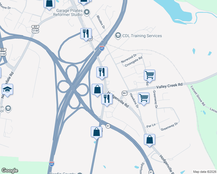 map of restaurants, bars, coffee shops, grocery stores, and more near 717 East Dixie Avenue in Elizabethtown