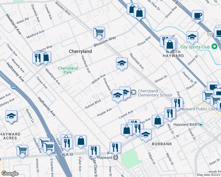 map of restaurants, bars, coffee shops, grocery stores, and more near 21842 Princeton Street in Hayward