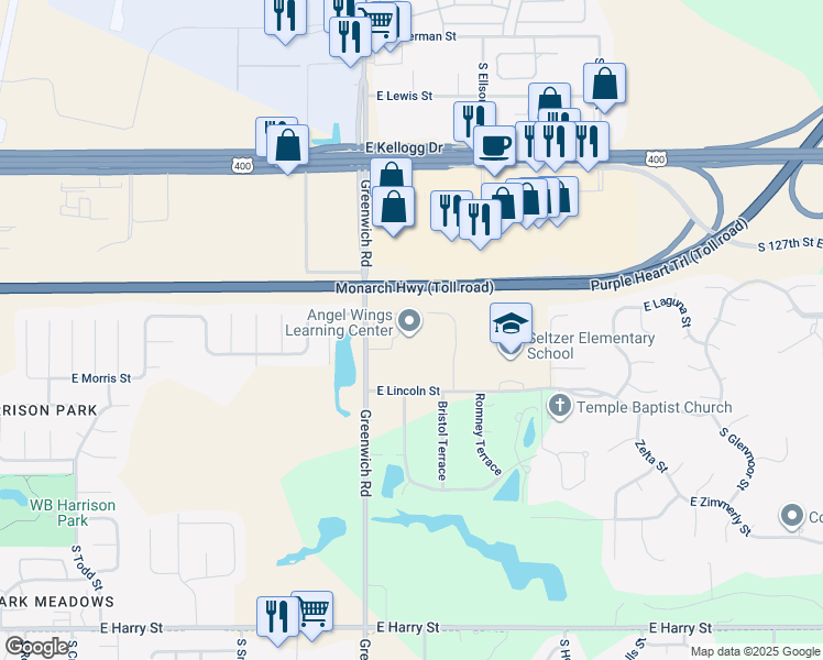 map of restaurants, bars, coffee shops, grocery stores, and more near 770 South Greenwich Road in Wichita