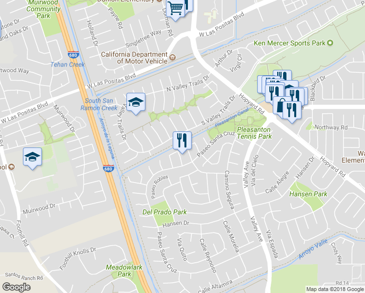 map of restaurants, bars, coffee shops, grocery stores, and more near 6742 Paseo San Leon in Pleasanton