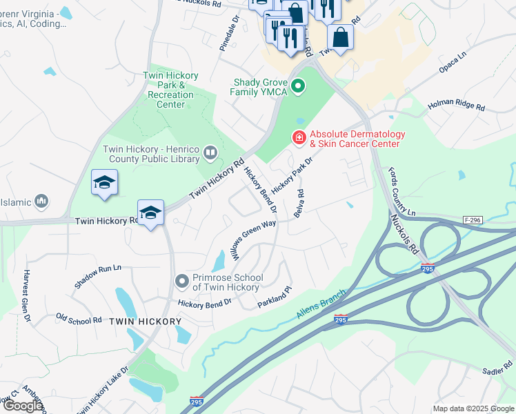 map of restaurants, bars, coffee shops, grocery stores, and more near 5029 Park Commons Loop in Glen Allen