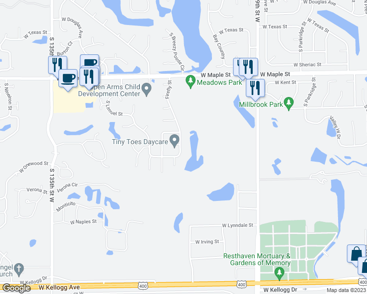 map of restaurants, bars, coffee shops, grocery stores, and more near 524 Firefly Street in Wichita