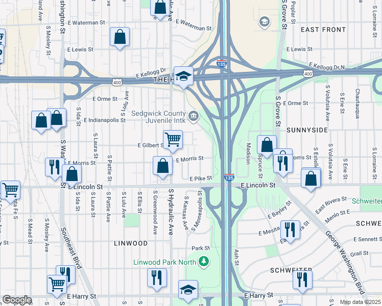 map of restaurants, bars, coffee shops, grocery stores, and more near 1052 South Kansas Street in Wichita