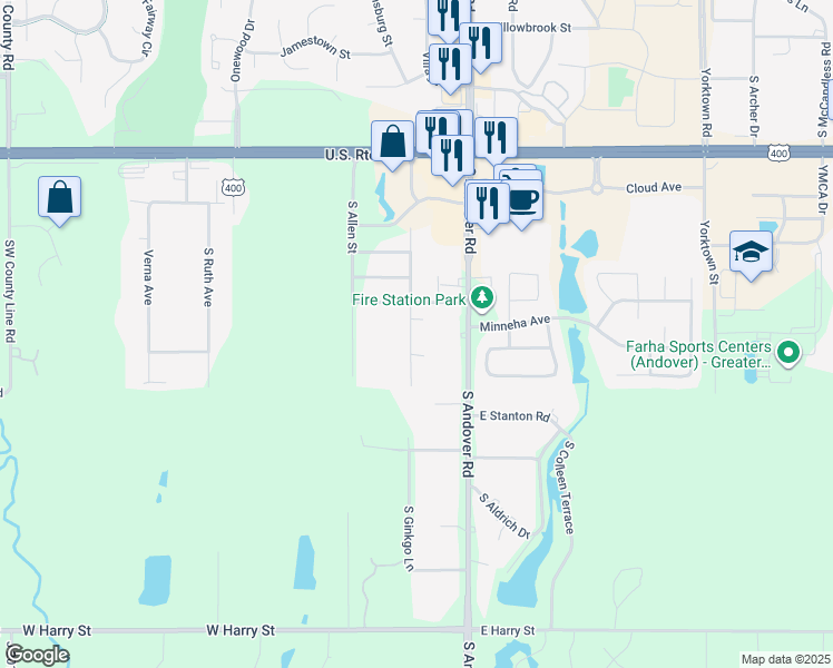 map of restaurants, bars, coffee shops, grocery stores, and more near 744 South Daisy Lane in Andover