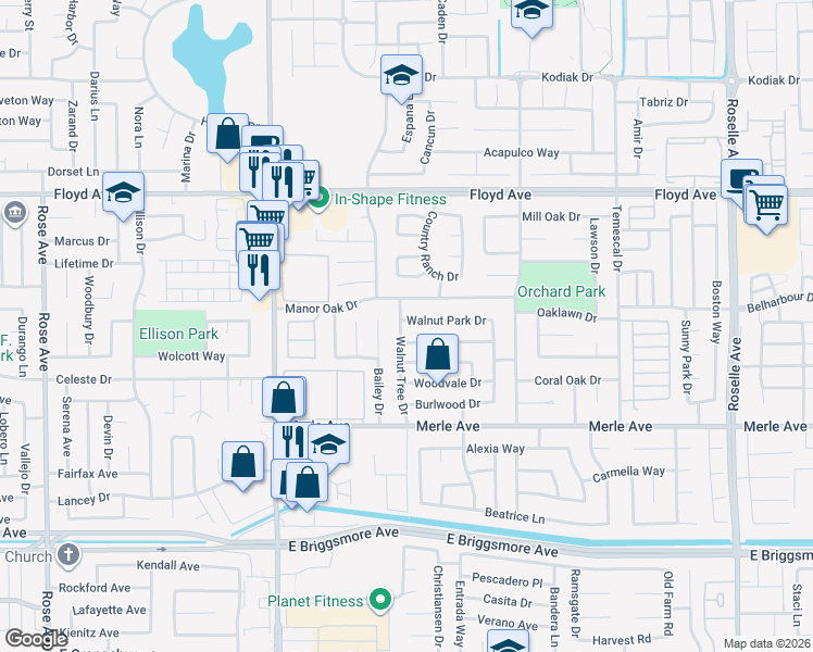 map of restaurants, bars, coffee shops, grocery stores, and more near 2400 Walnut Park Drive in Modesto