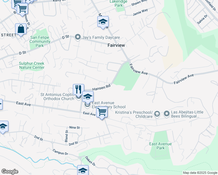 map of restaurants, bars, coffee shops, grocery stores, and more near 2953 Hansen Road in Hayward