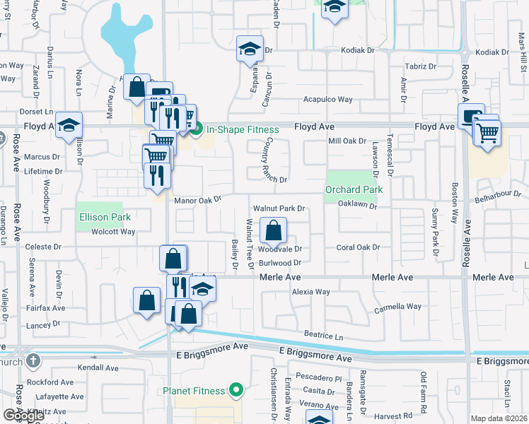 map of restaurants, bars, coffee shops, grocery stores, and more near 2400 Walnut Park Drive in Modesto