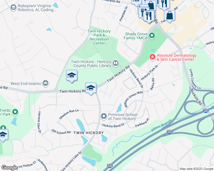 map of restaurants, bars, coffee shops, grocery stores, and more near 5029 Hickory Downs Court in Glen Allen