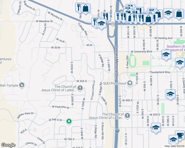 map of restaurants, bars, coffee shops, grocery stores, and more near 221 South Casa Loma Lane in Cedar City