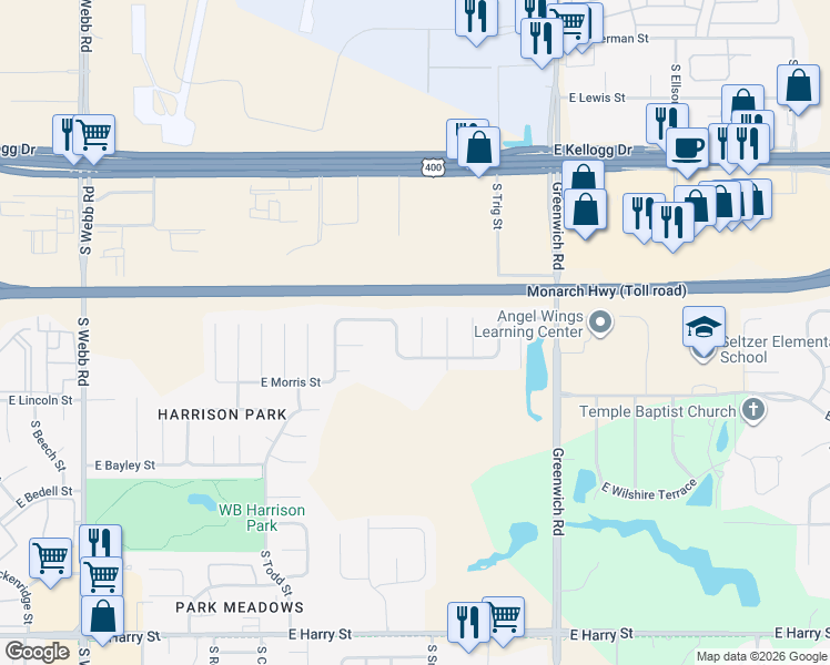 map of restaurants, bars, coffee shops, grocery stores, and more near 717 South Chateau Circle in Wichita
