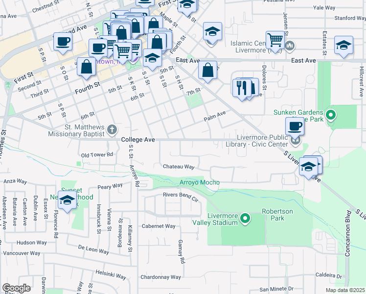 map of restaurants, bars, coffee shops, grocery stores, and more near 1022 Sherry Way in Livermore