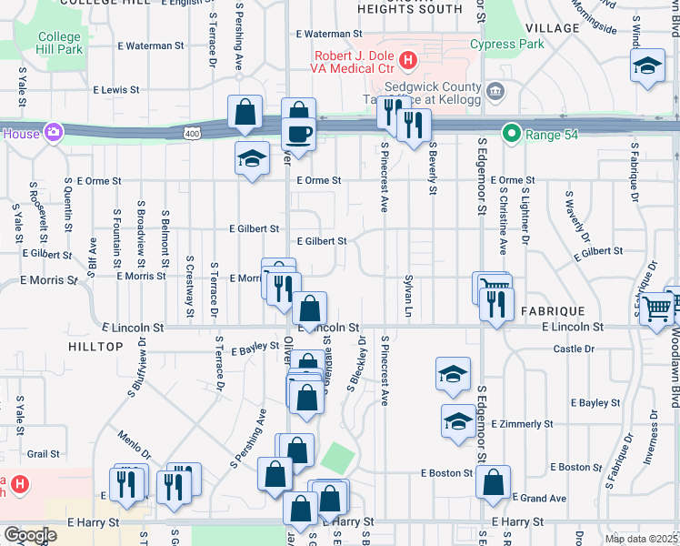map of restaurants, bars, coffee shops, grocery stores, and more near 4919 E Morris St in Wichita